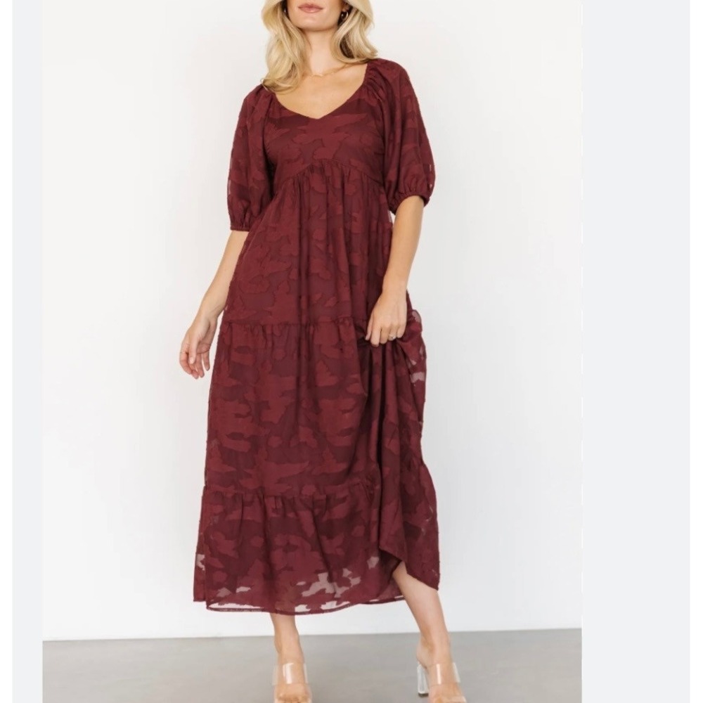Baltic Born Burgundy Floral Jacquard Tiered Maxi Dress Puff Sleeve 2XL NEW